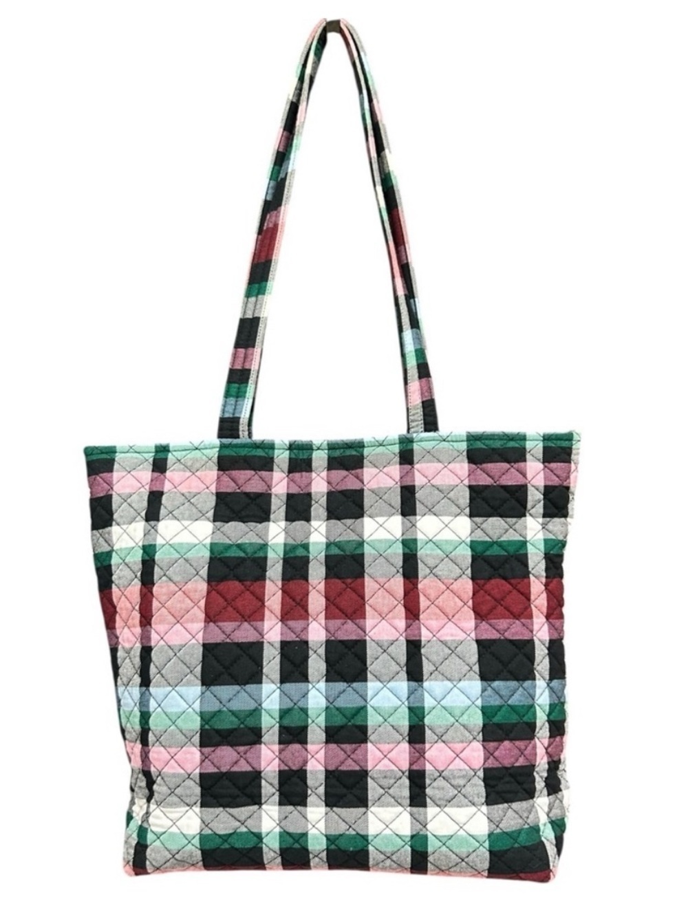 Vera Bradley Quilted Plaid Cotton Tote Bag Pink Green Black Shoulder Carryall